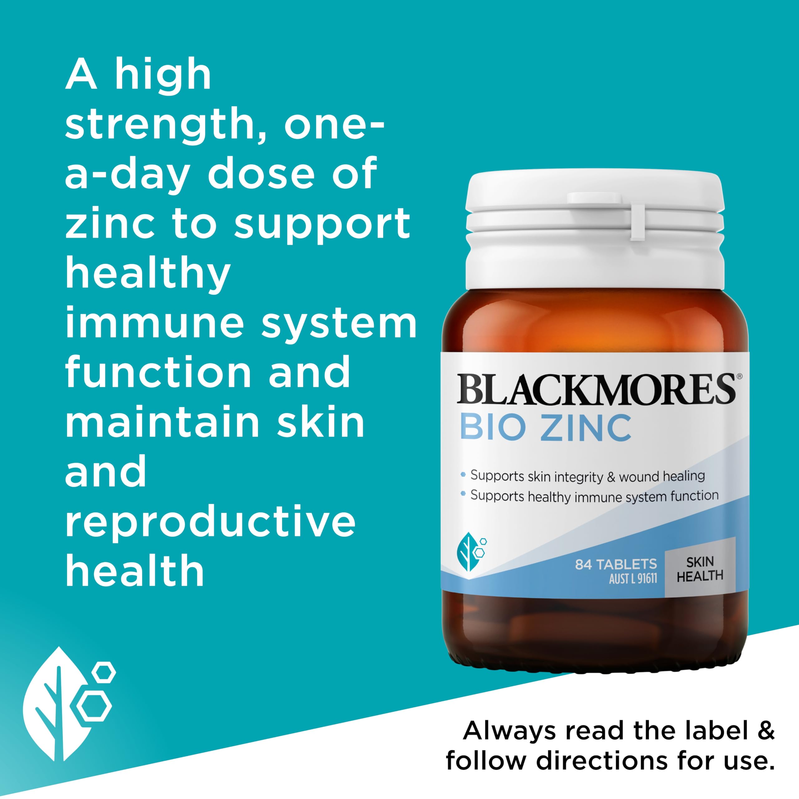 Ficha nutricional de Blackmores Bio Zinc, destacan piel sana y reparación.