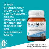 Ficha nutricional de Blackmores Bio Zinc, destacan piel sana y reparación.