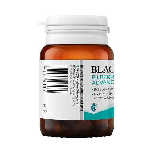 Frente de la botella Blackmores con arándano europeo, cápsulas visibles.