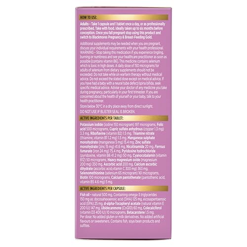 Envase frontal de Blackmores Conceive Well Gold para uso diario.