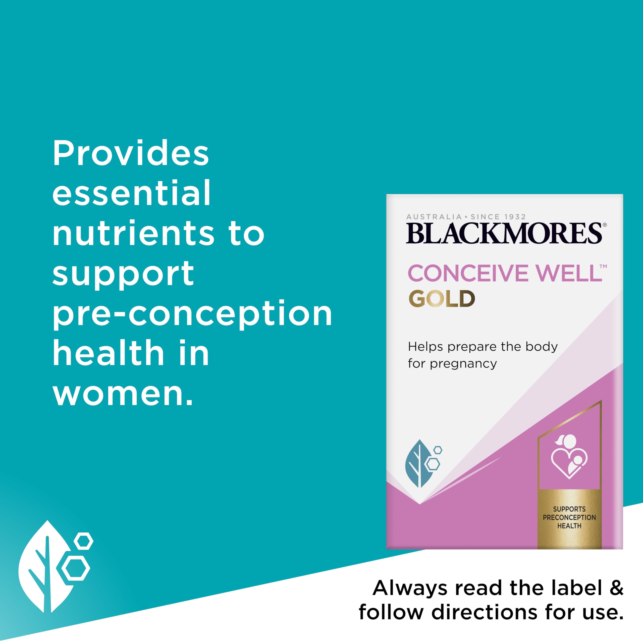 Etiqueta de Blackmores Conceive Well Gold con información de ingredientes.
