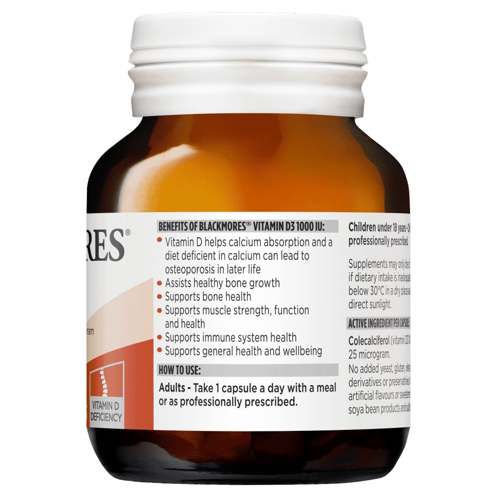 Blackmores Vitamina D3 60 cápsulas, botella, formato diario práctico para calcio y fósforo.