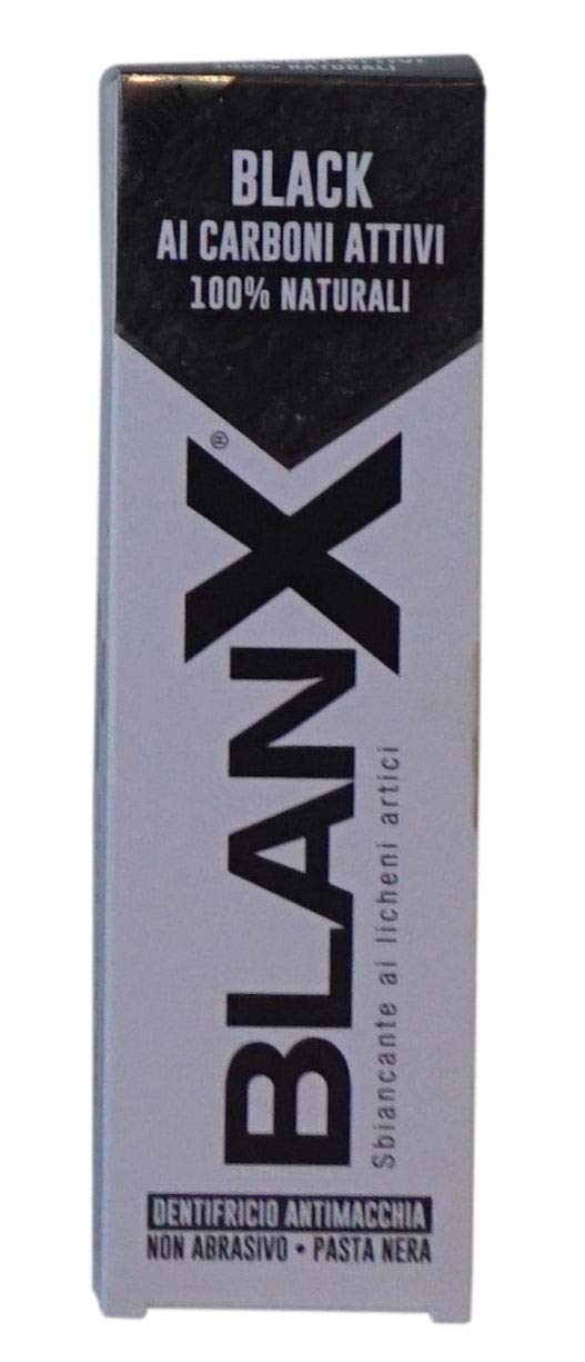 BlanX pasta dental negra con carbón activado atrapa manchas para una sonrisa más clara.