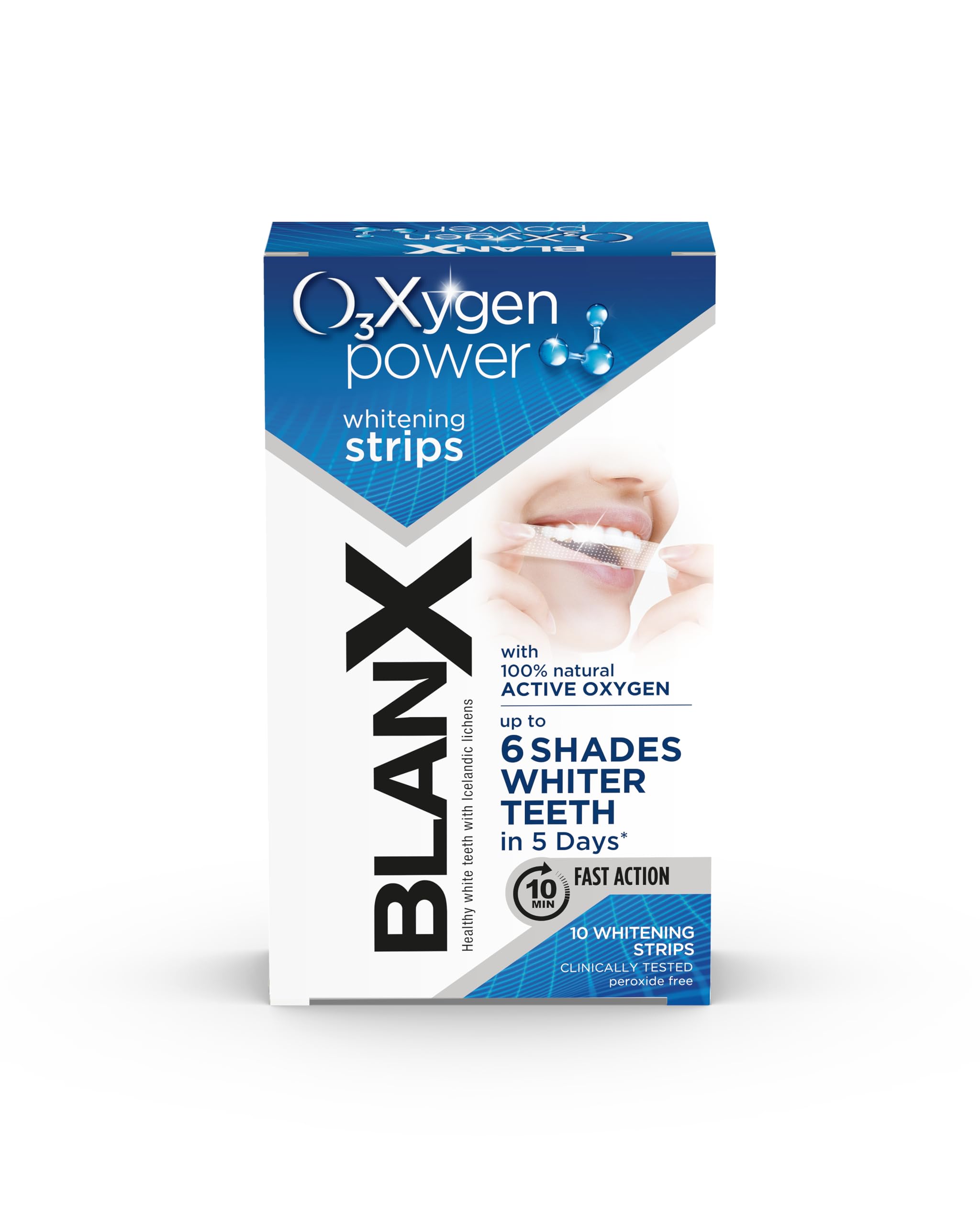 BLANX O3X tiras blanqueadoras, delgadas y cómodas para todo el arco dental.
