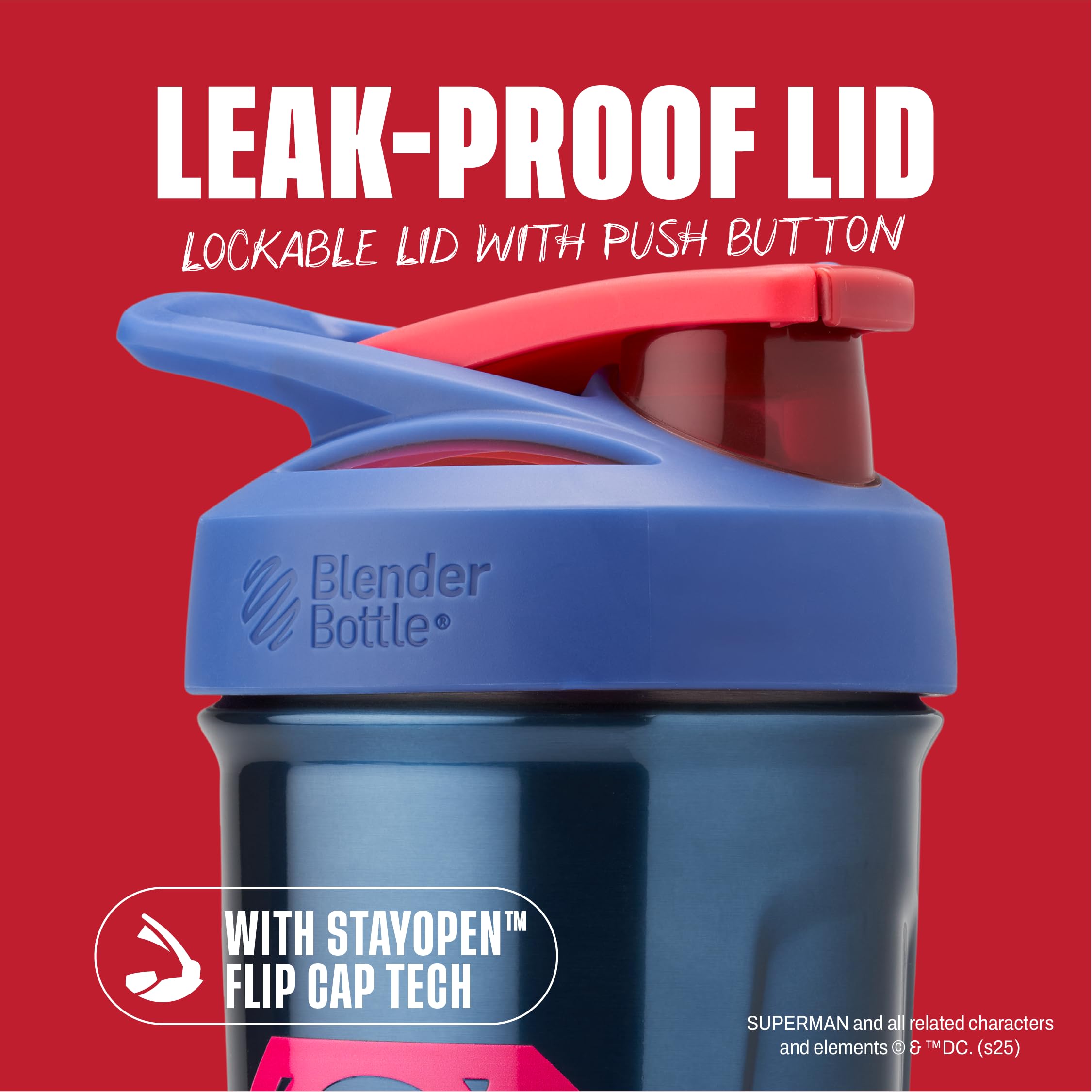 BlenderBottle Superman Shaker 24 oz con marcado interior para medir con precisión