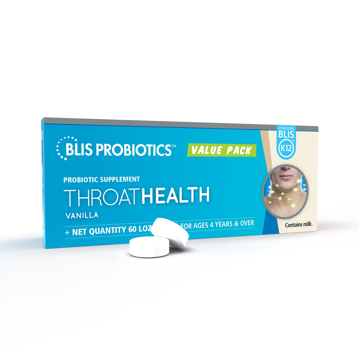 BLIS ThroatHealth: botella y empaque, uso diario cómodo.