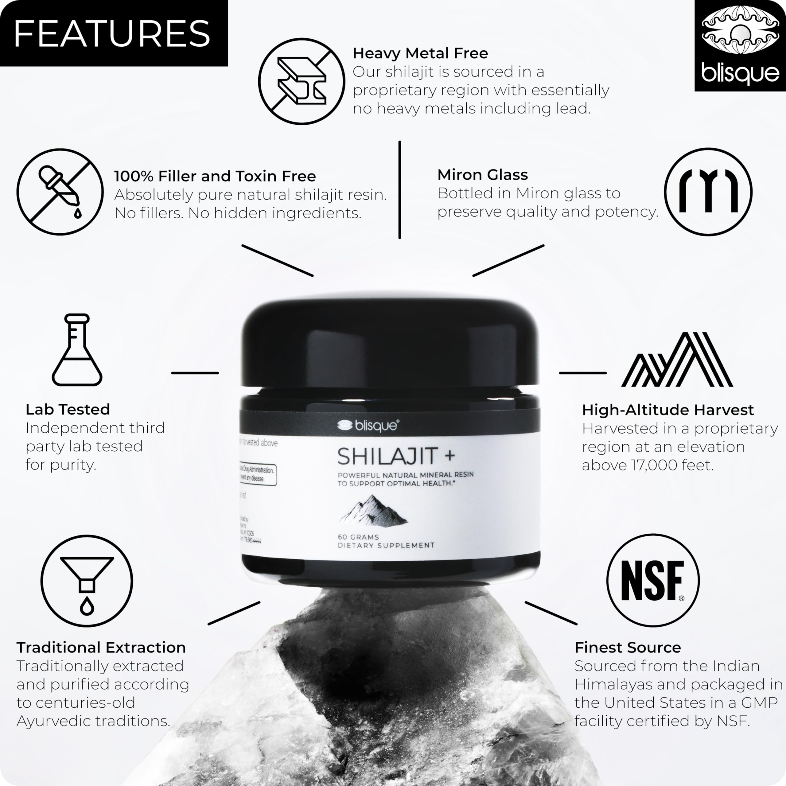 Frasco de Blisque Shilajit Resina de Himalaya, 60 g, fácil de usar.