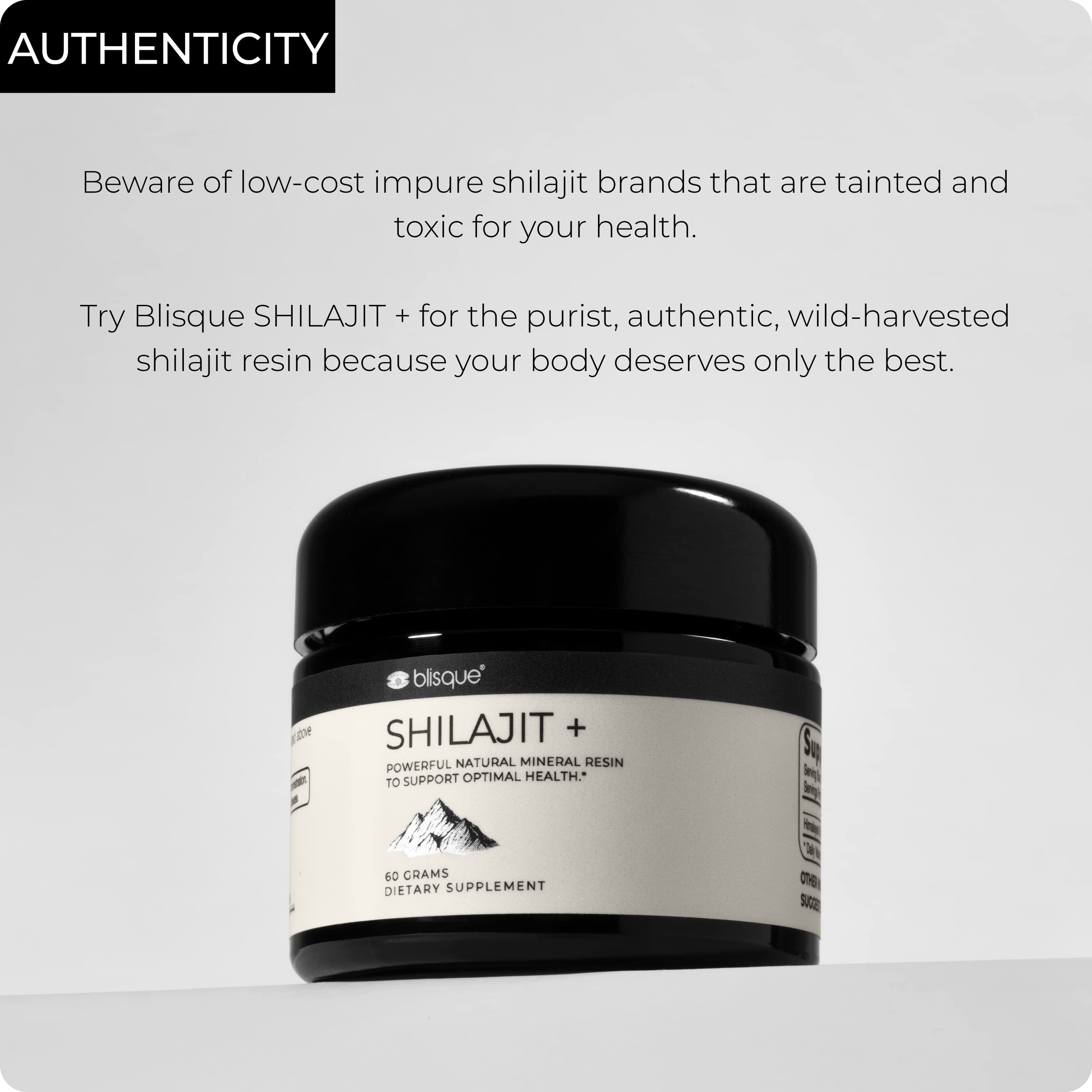 Blisque Shilajit Resina con ácido fúlvico y minerales, ingredientes clave.