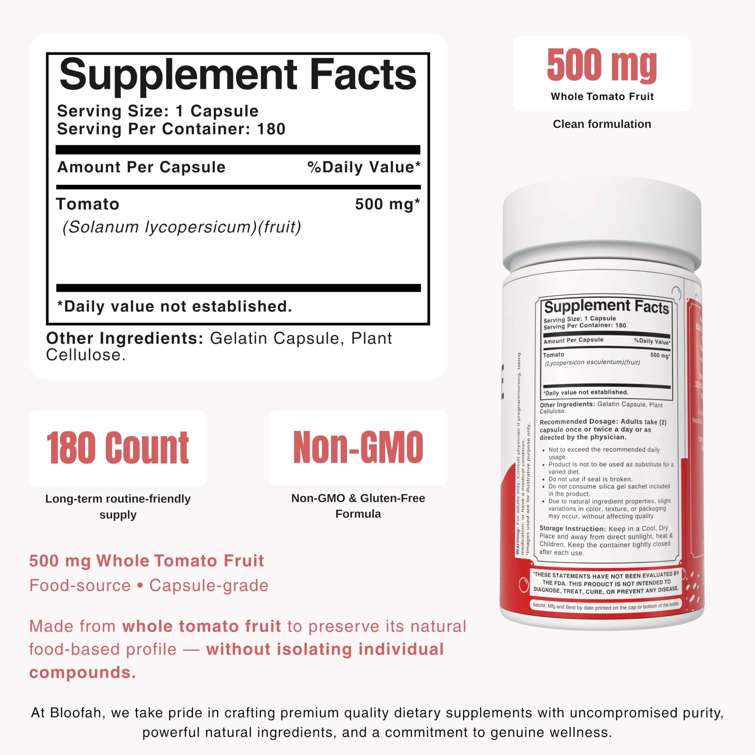 Caja Bloofah Licopeno 500 mg, trasera, información de ingredientes y seguridad.