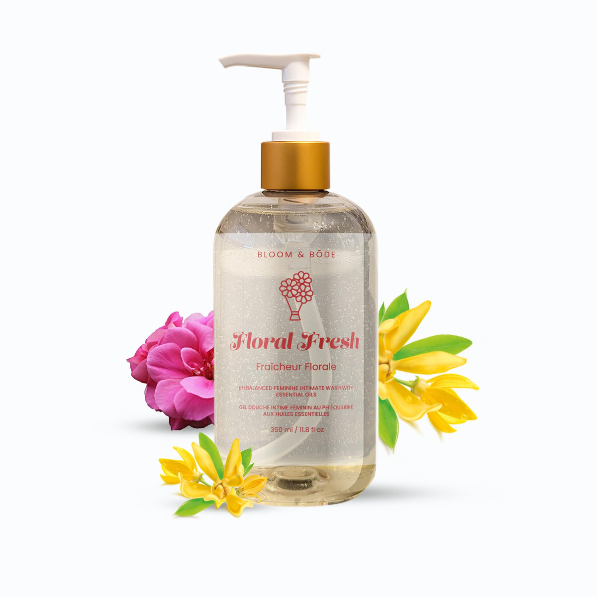 Bloom & Bōde Premium Lavado Íntimo: botella 350 ml frontal con aroma floral suave y pH equilibrado