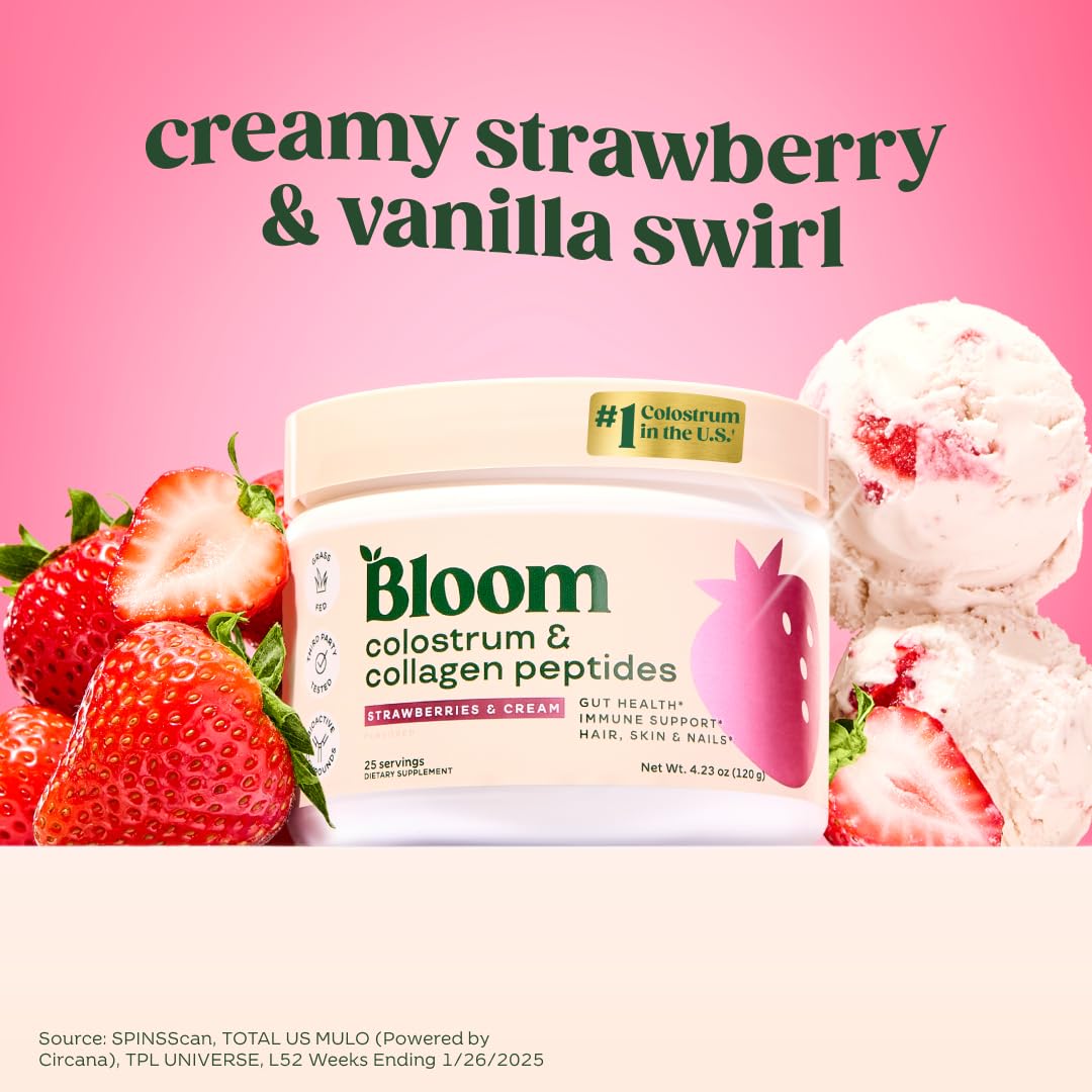 Bloom Nutrition Colostro Bovino Polvo Fresa Cuchara Medidora para dosis precisas.
