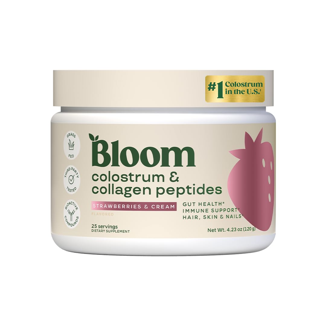Bloom Nutrition Colostro Bovino Polvo Fresa Envase, apoyo digestivo diario.