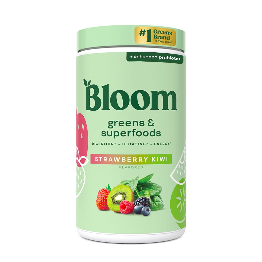 Bloom Nutrition: botella vertiendo polvo verde para una ingesta diaria de vegetales