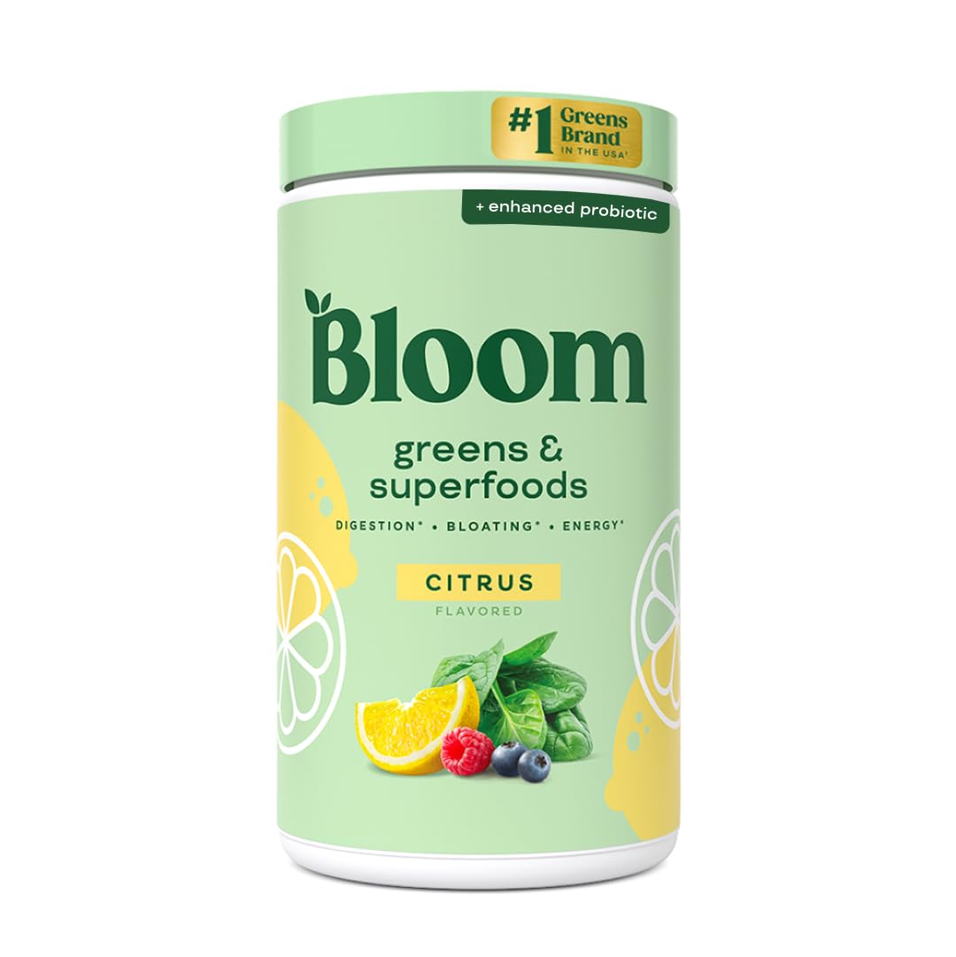 Bloom Nutrition polvo verdes en frasco, suplemento diario para energía y vitalidad.