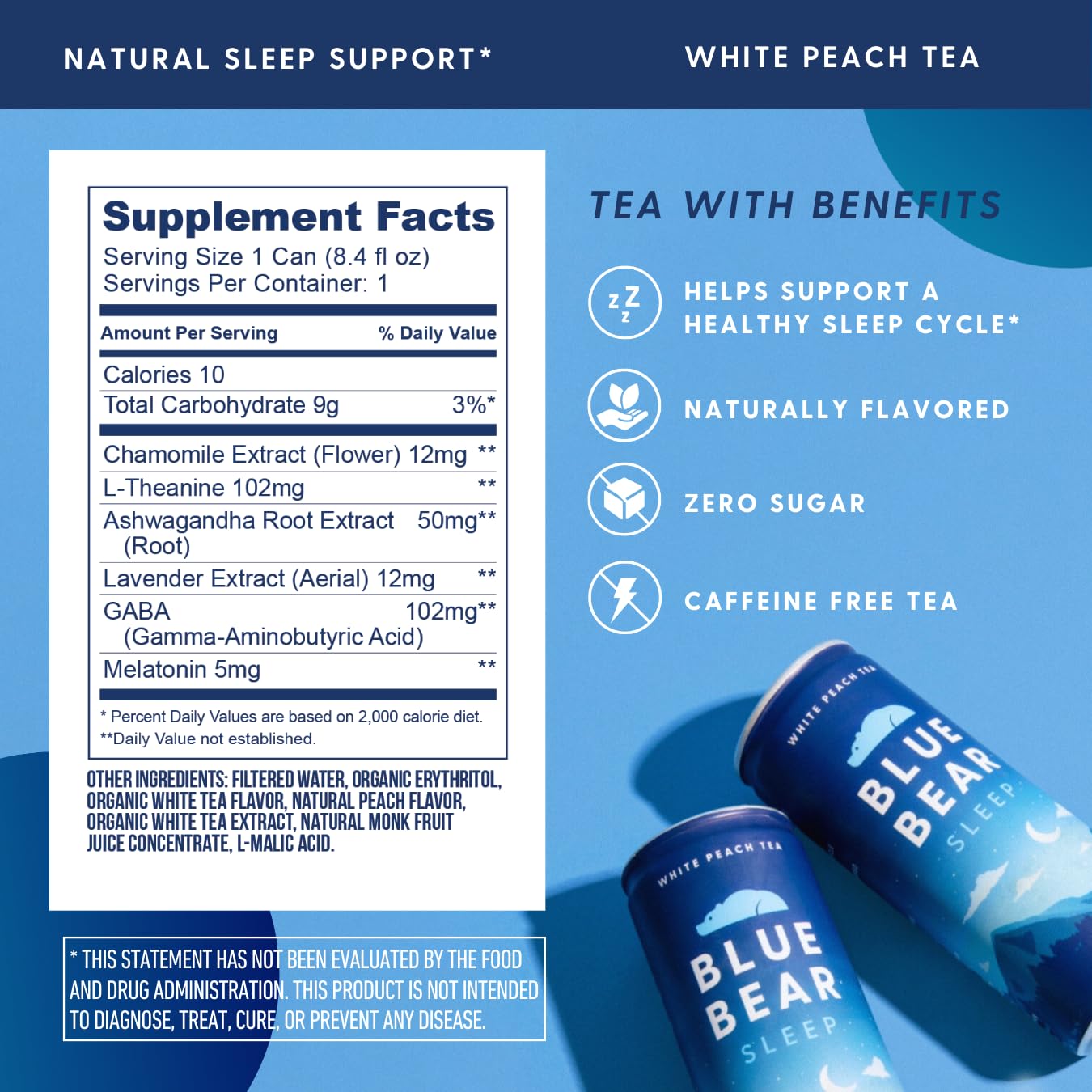 Blue Bear té blanco de durazno en lata, sabor suave para relajarse