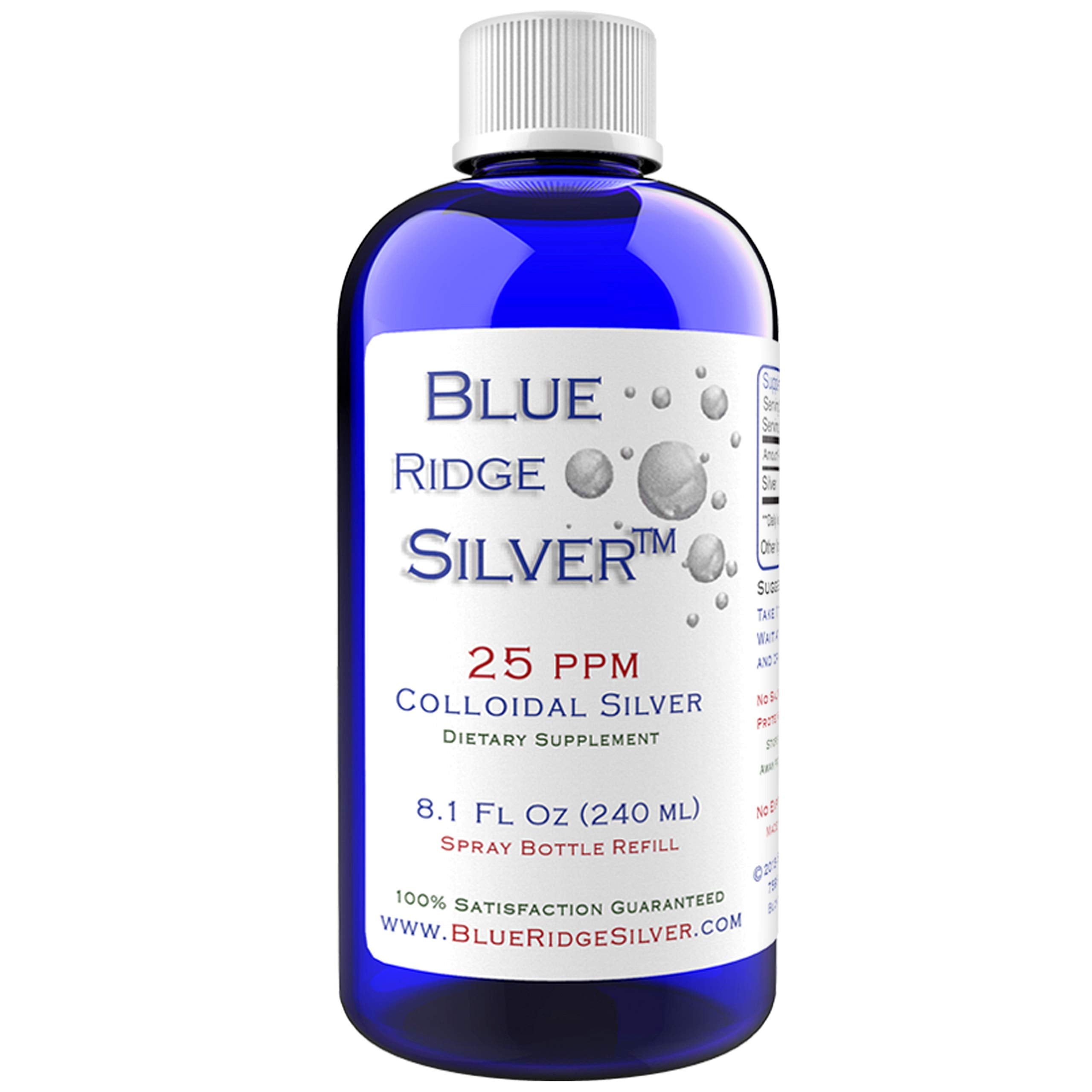 Blue Ridge Silver 25ppm, botella de 8 oz para uso diario potencial.