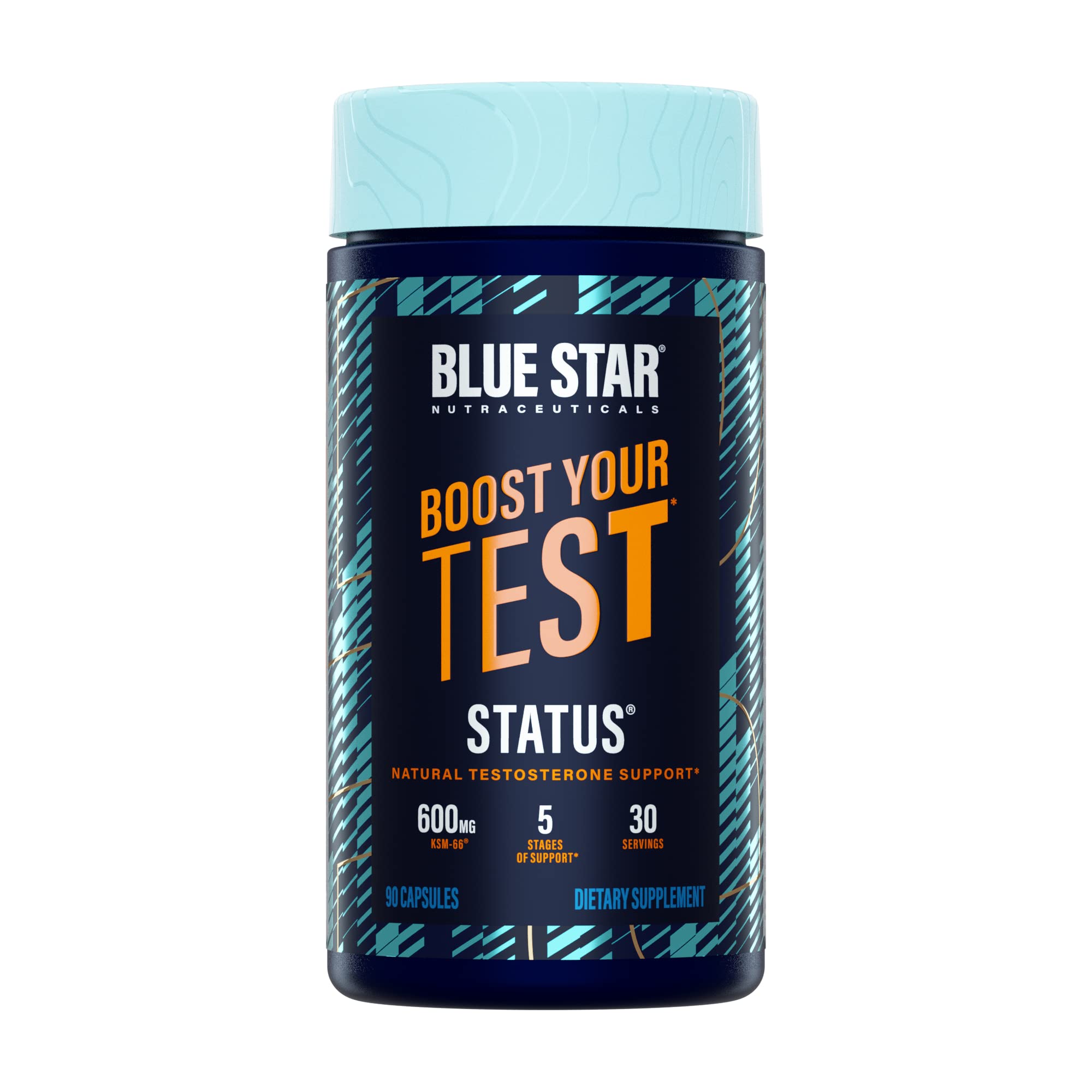 Blue Star Status botella con cápsulas y énfasis en ingredientes clave para energía.