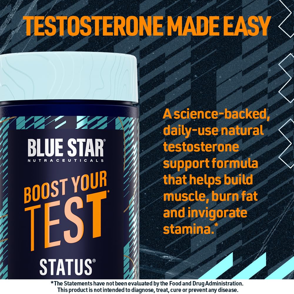 Blue Star Status etiqueta clara en la botella resalta beneficios y uso.