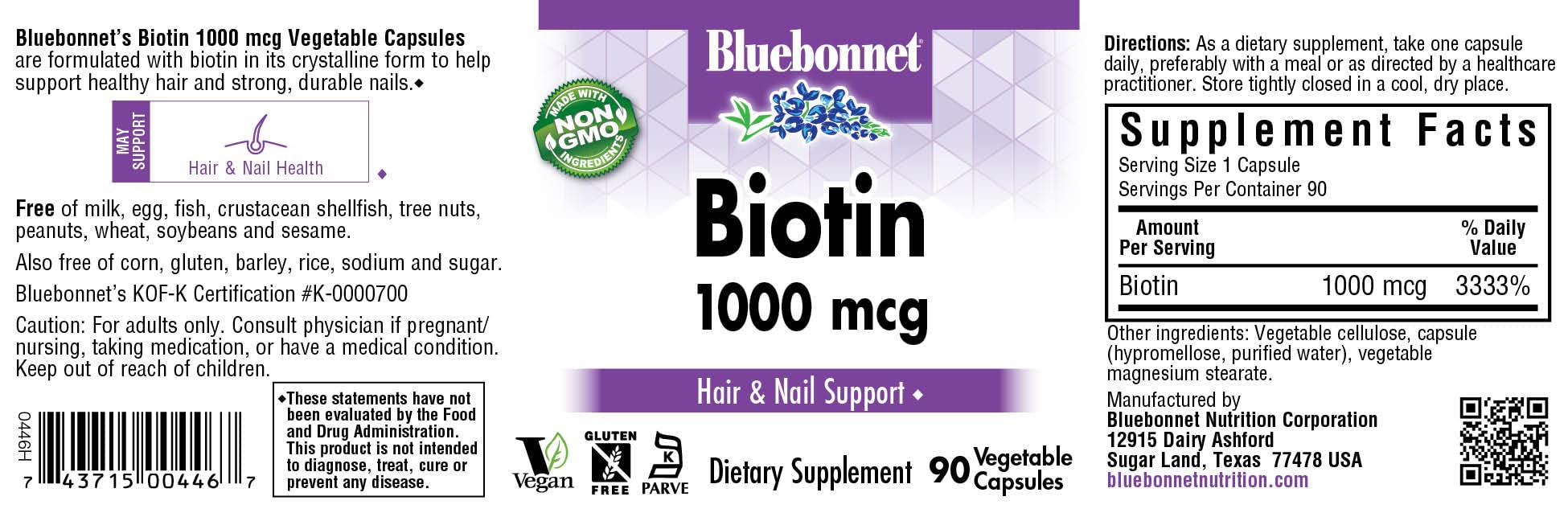 Bluebonnet Biotina 1000 mcg etiqueta frontal, información clara para cabello y uñas sanas