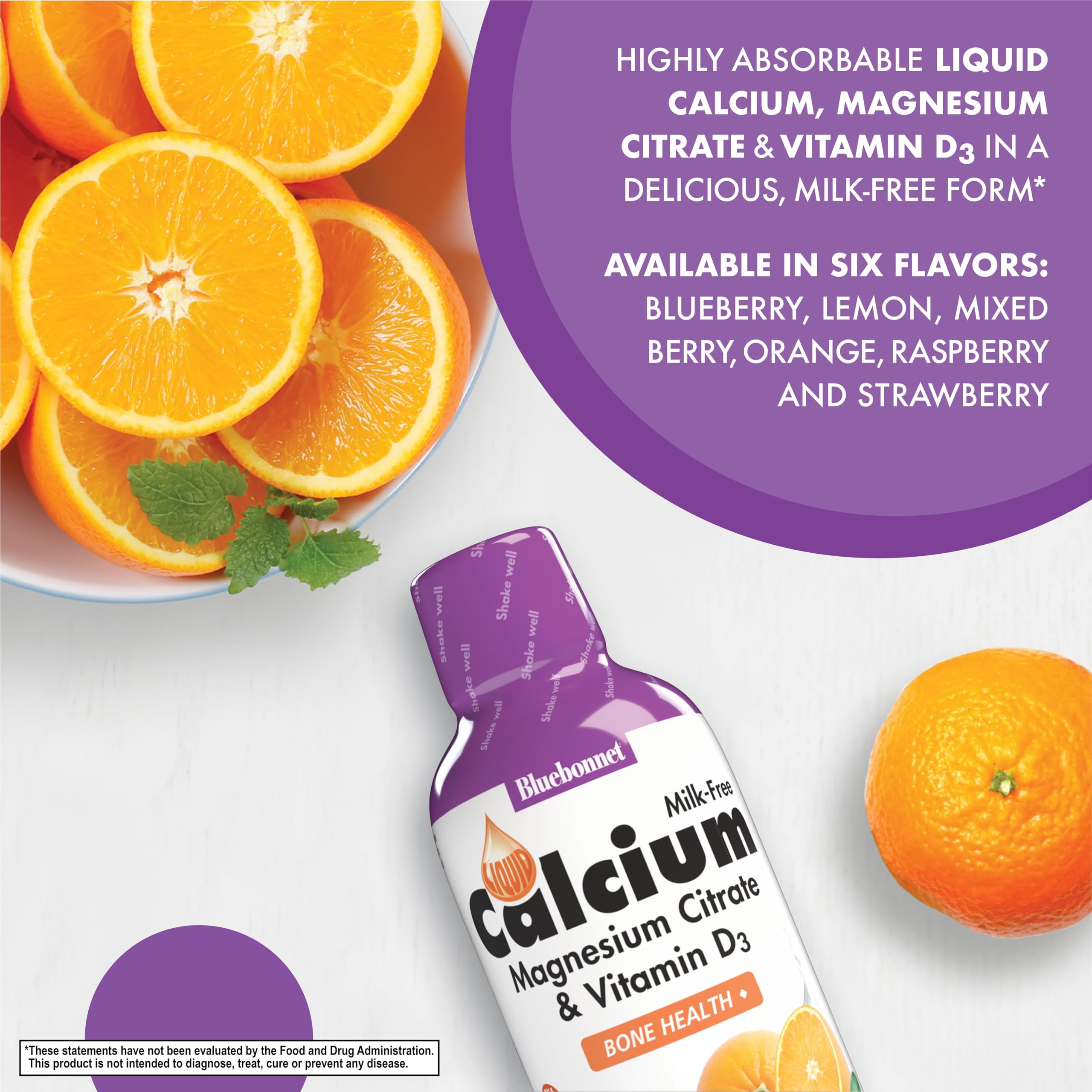 Bluebonnet Calcium líquido, botella con etiqueta naranja para sabor cítrico.