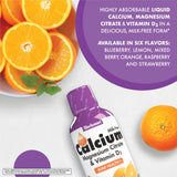Bluebonnet Calcium líquido, botella con etiqueta naranja para sabor cítrico.