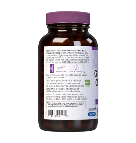 Bluebonnet cápsulas vegetales en frasco muestran composición sin gluten ni OGM