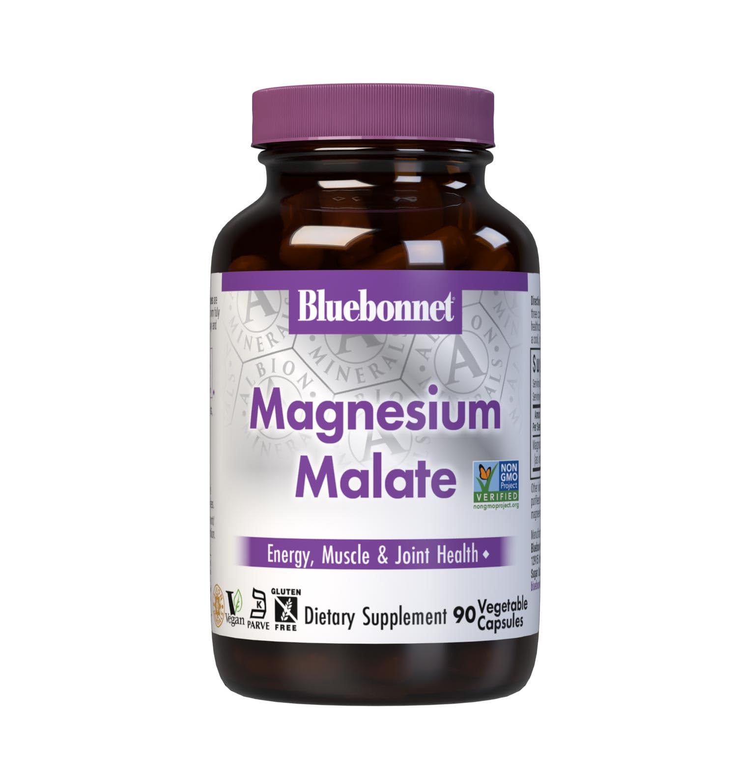Cápsulas vegetales Bluebonnet Magnesium Malate para energía y función muscular.