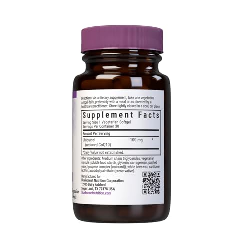 Bluebonnet CoQ10 ubiquinol 100 mg cápsulas blandas fáciles de tragar para uso diario.