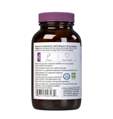 Botella color burdeos de BlueBonnet CoQ10 ubiquinol, presentación elegante.