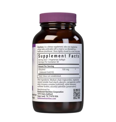 Etiqueta de BlueBonnet CoQ10 ubiquinol que destaca ingredientes clave claramente.