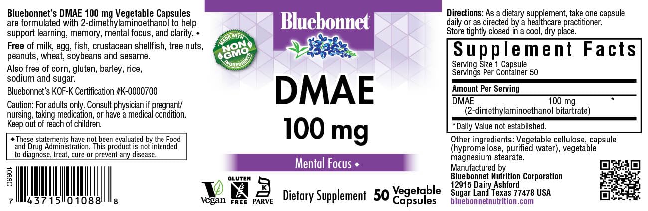 BlueBonnet DMAE 100 mg etiqueta de la botella, muestra ingredientes y uso diario.