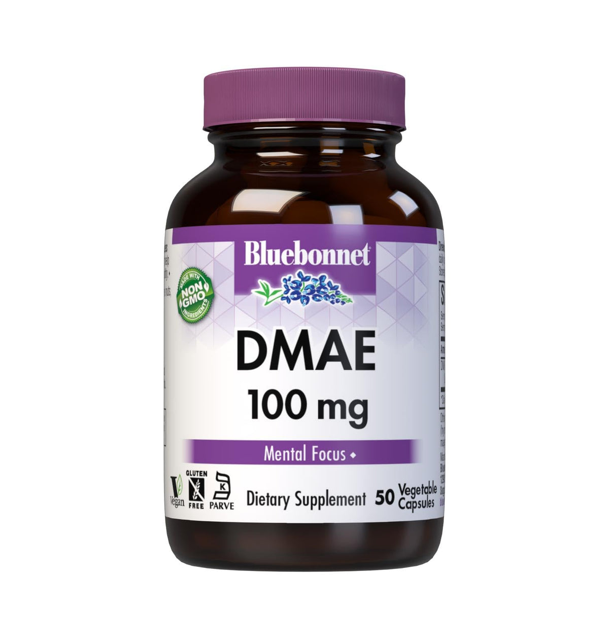 BlueBonnet DMAE 100 mg cápsulas vegetales, vista de la botella para claridad mental.
