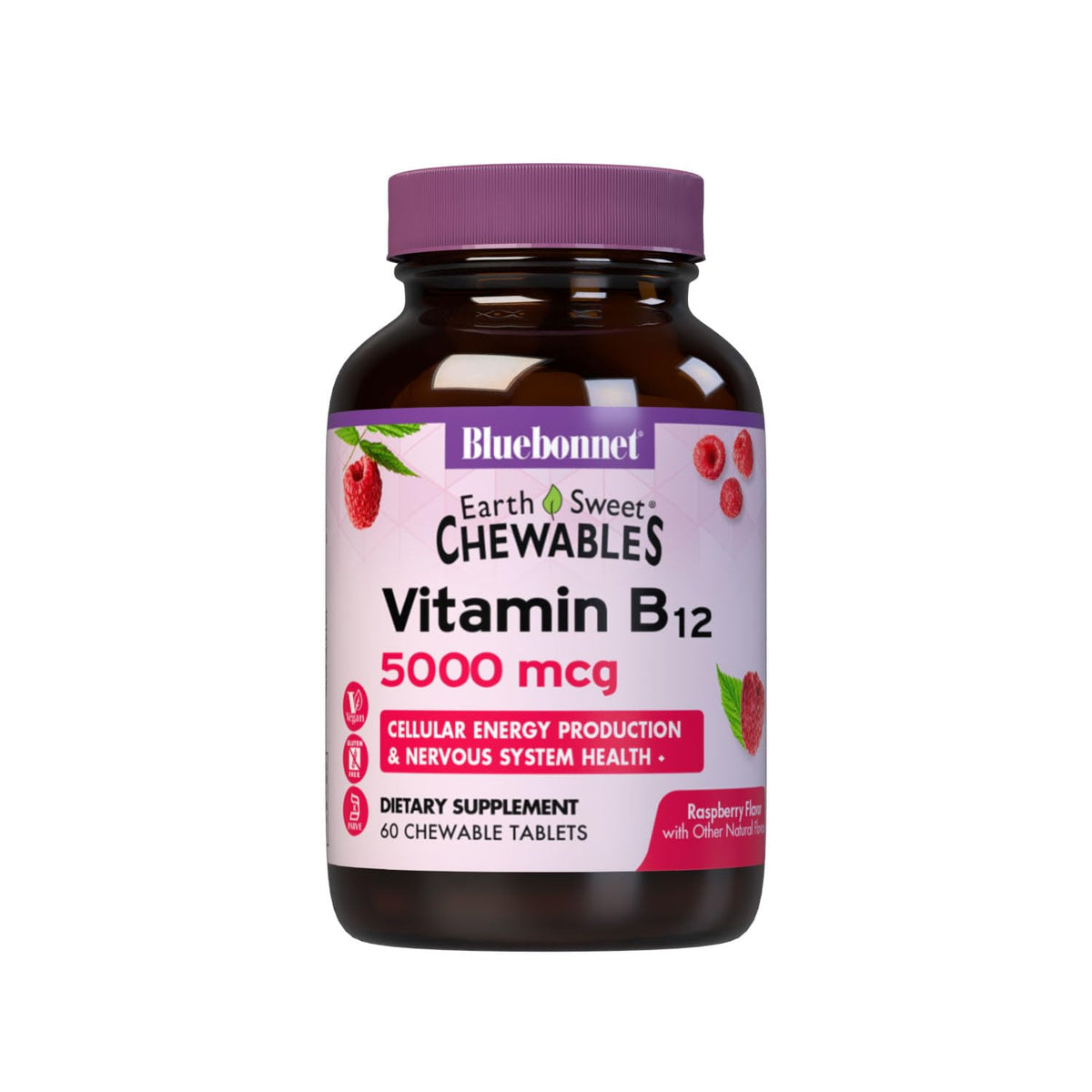 BlueBonnet EarthSweet B12 con tabletas masticables de frambuesa para energía diaria
