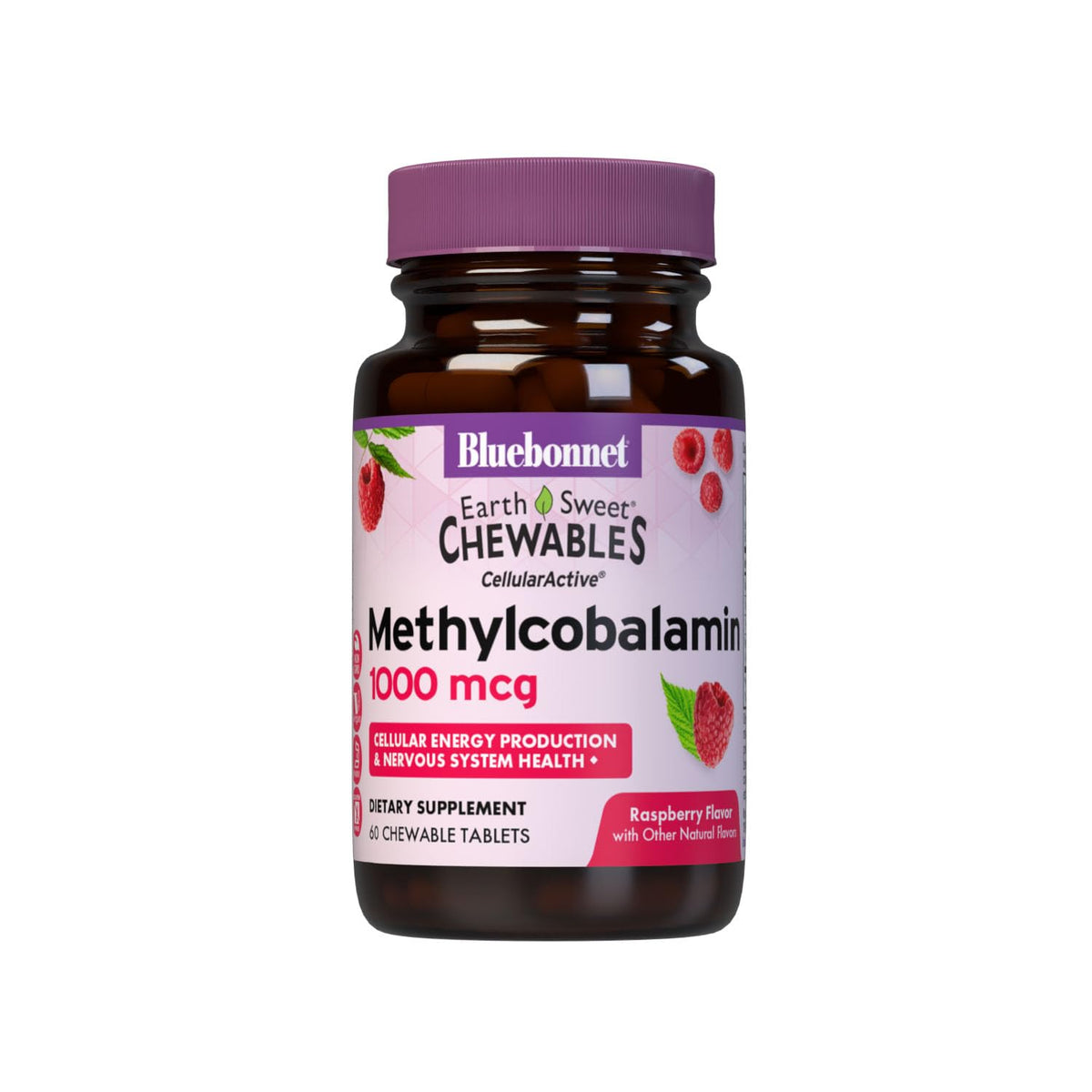 Bluebonnet EarthSweet Metilcobalamina 1000 mcg, tabletas masticables, sabor frambuesa para energía