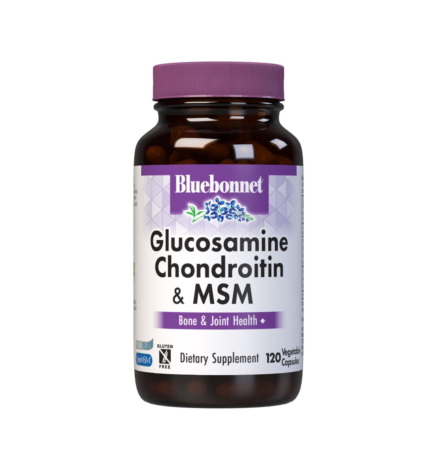 Bluebonnet Glucosamina Condroitina MSM, botella de cápsulas vegetales para apoyar articulaciones.