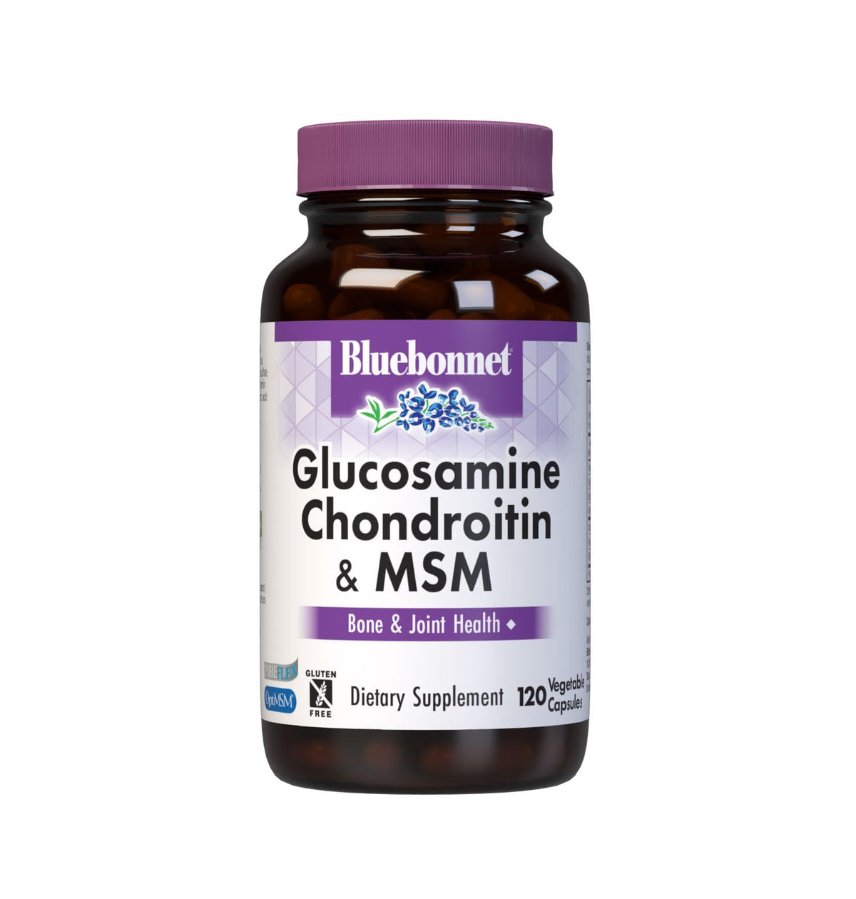 Bluebonnet Glucosamina Condroitina MSM, botella de cápsulas vegetales para apoyar articulaciones.