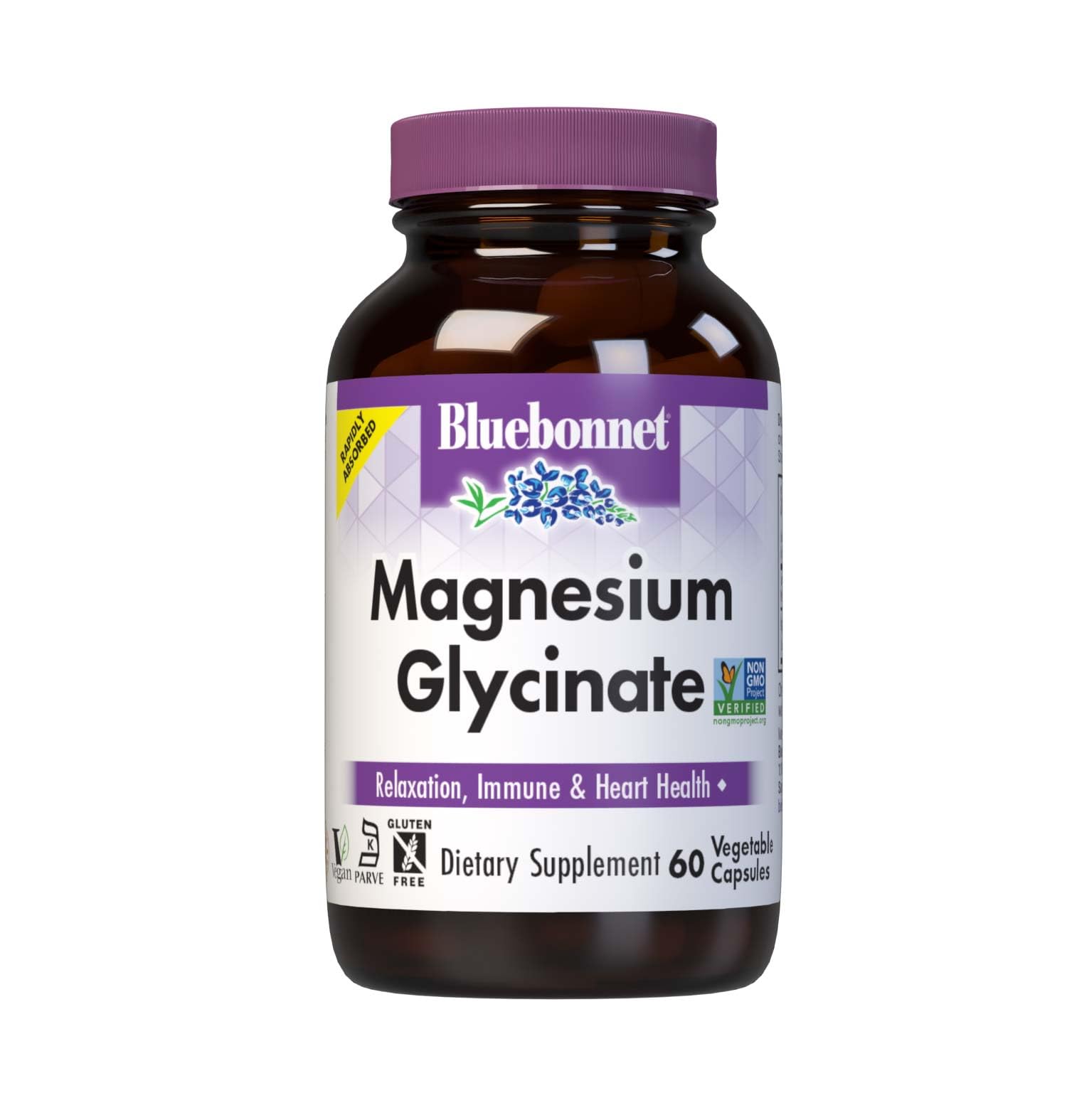 Bluebonnet magnesio glicinato en cápsulas vegetales para absorción eficiente.