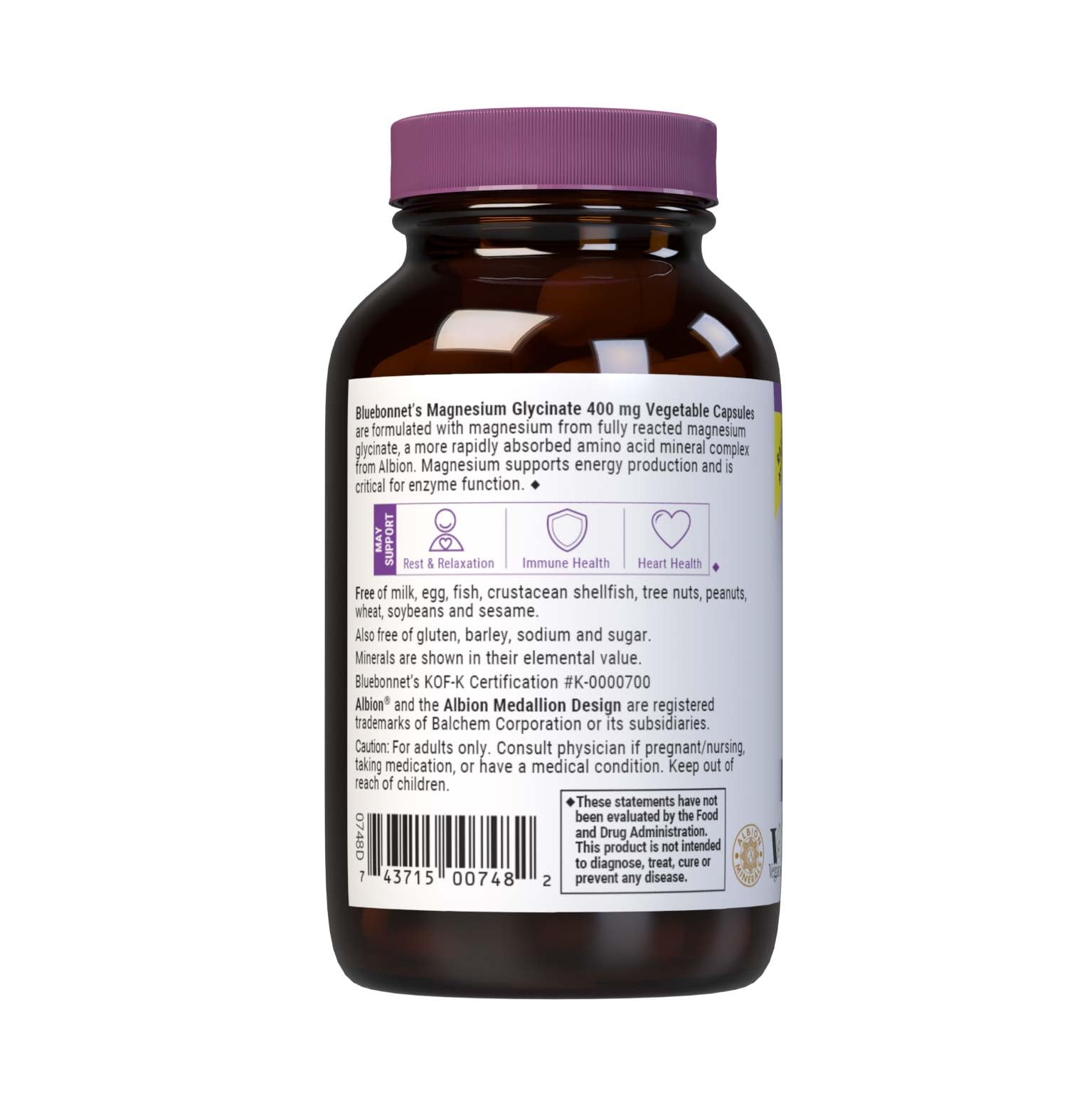 Bluebonnet magnesio glicinato con etiqueta clara para elección informada.