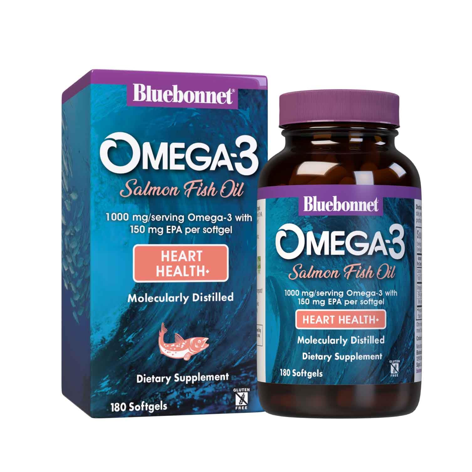 BlueBonnet Omega 3: botella de aceite de salmón, posible apoyo a la salud cardíaca