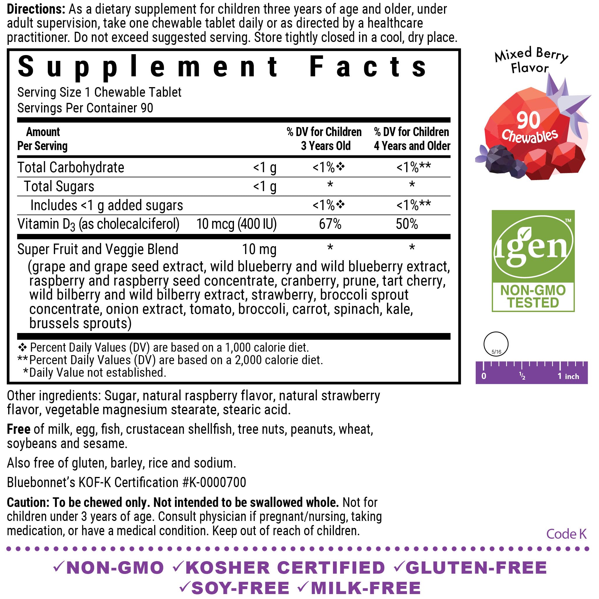 Bluebonnet Rainforest Animalz D3 tabletas masticables sabor frambuesa, libre de gluten.
