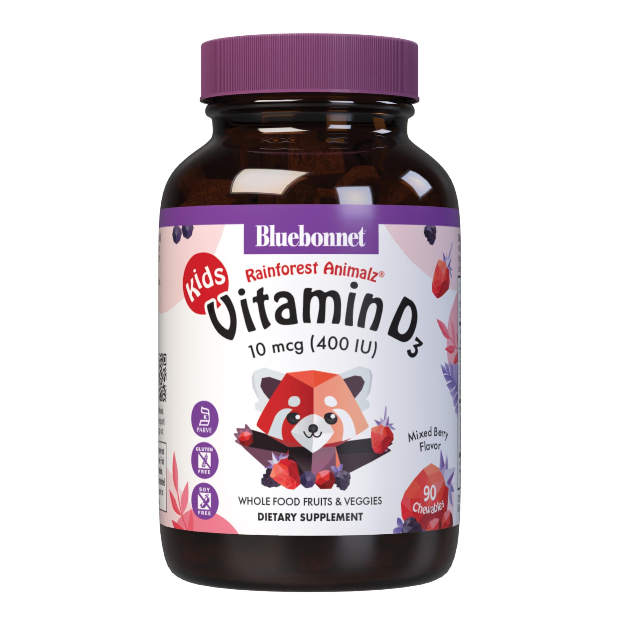 Bluebonnet Rainforest Animalz D3 tableta masticable sabor frambuesa, apta para niños.