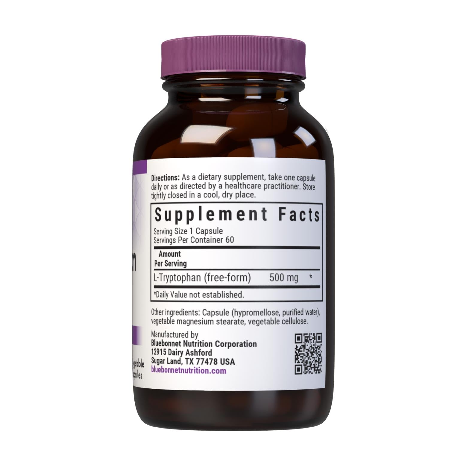 BlueBonnet triptófano 500 mg etiqueta sin alérgenos, información clara para consumidores.