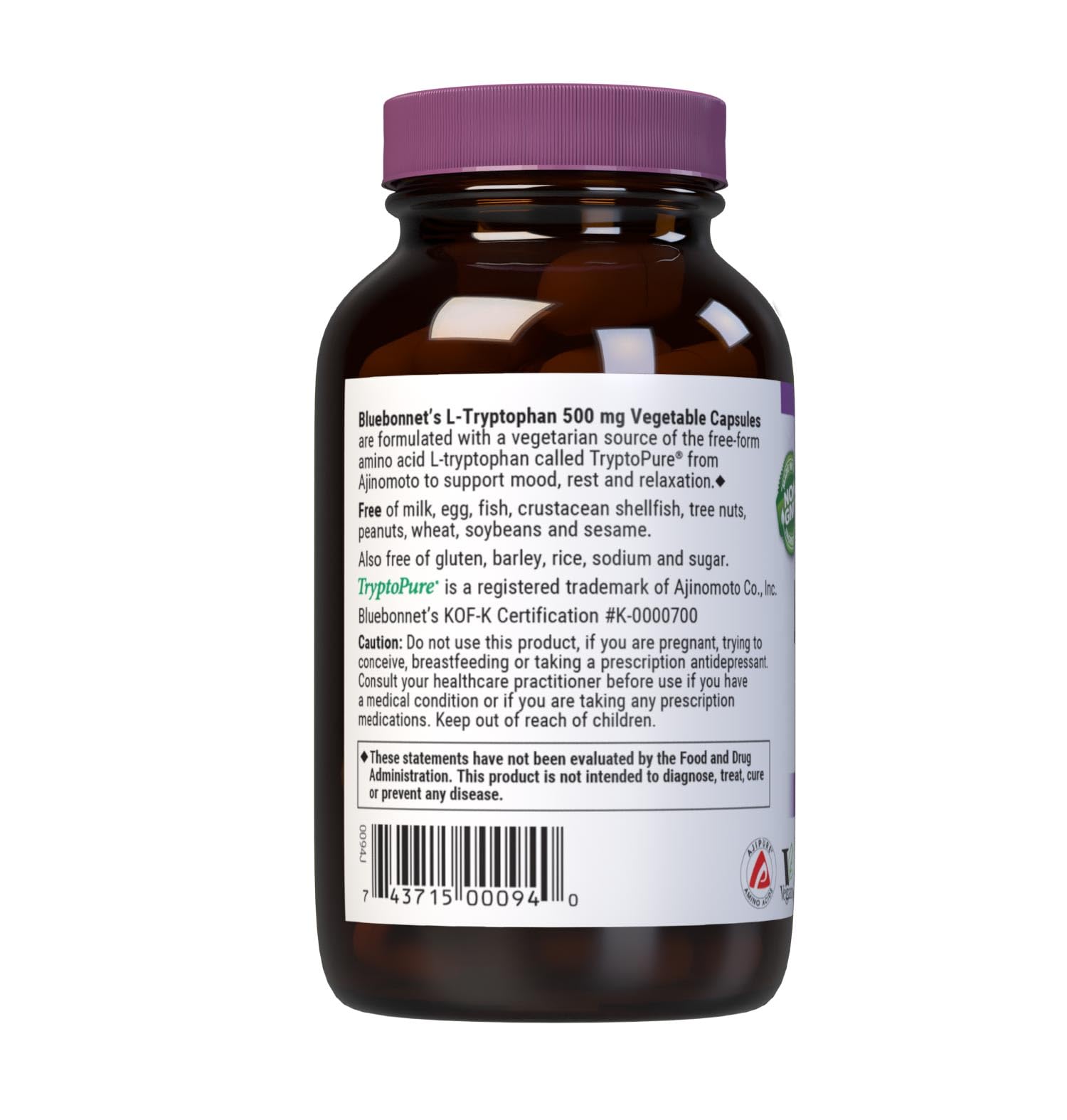 BlueBonnet triptófano 500 mg uso recomendado para relajación ocasional.