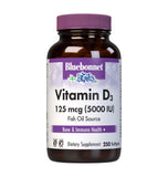 BlueBonnet Vitamin D3 5000 UI: cápsulas blandas en frasco, apoyo para huesos sanos.