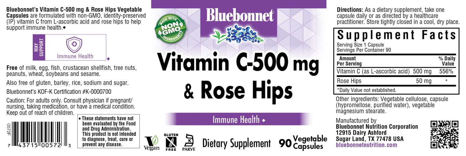 BlueBonnet etiqueta de vitamina C-500 mg con rosa mosqueta para nutrición diaria.