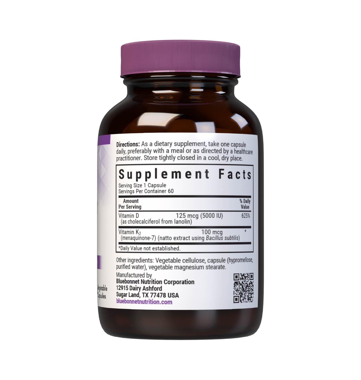 BlueBonnet Vitamina D3-K2: etiqueta frontal visible para verificar dosis y beneficios