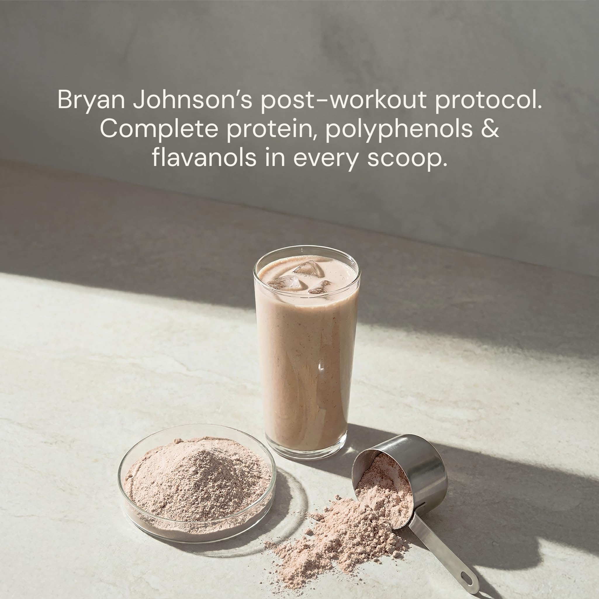 Batido proteina chocolate con leche vegetal de Blueprint Bryan Johnson, desayuno rápido.