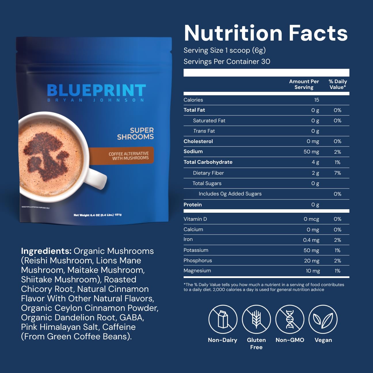 Café Super Hongo Blueprint Bryan Johnson, cucharita medidora incluida, facilita dosis constantes para concentración.