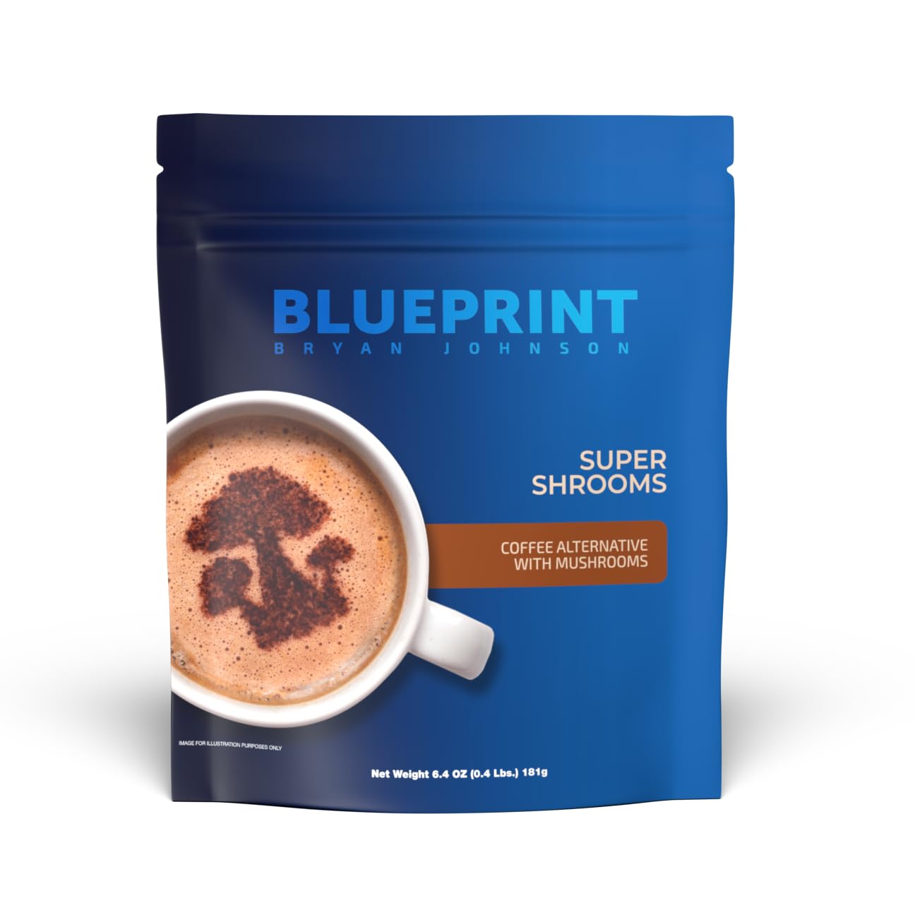 Café Super Hongo Blueprint Bryan Johnson, empaque frontal, listo para empezar el día con enfoque.