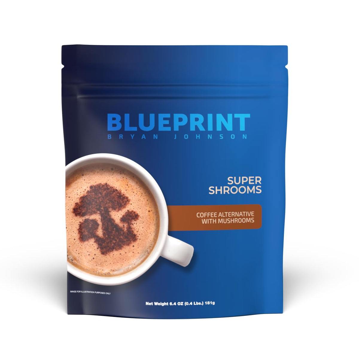 Café Super Hongo Blueprint Bryan Johnson, empaque frontal, listo para empezar el día con enfoque.